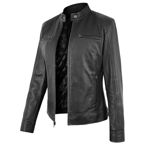 STOREJEES Real Leather Jacket Women | Cafe Racer Black, XXL Cover