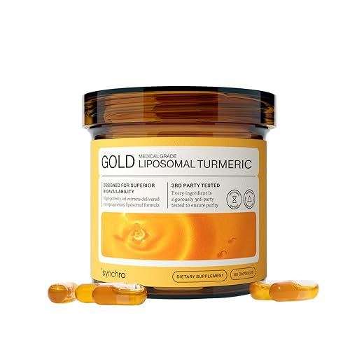 Synchro Gold Medical-Grade Liposomal Turmeric | 60ct Capsules | Whole-Plant Extract, Nano-Encapsulation Delivery | Curcumin Black Pepper Piperine Supplement