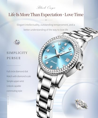 Elegant Light Blue Luxury Women's Diamond Automatic Watch - Stainless Steel Self-Winding Timepiece - Image 2