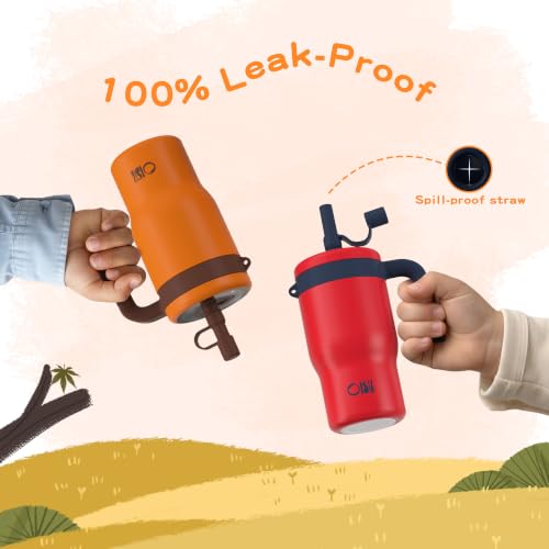 Image of OISIZ 14oz Kids Tumbler with Straw Lid & Handle,Kids Cup with Animal Accessory for School,Kids Water Bottles with Dust-proof Cover,Leakproof Water Bottles,316 Stainless Steel,Keep Cold 24 Hours-orange