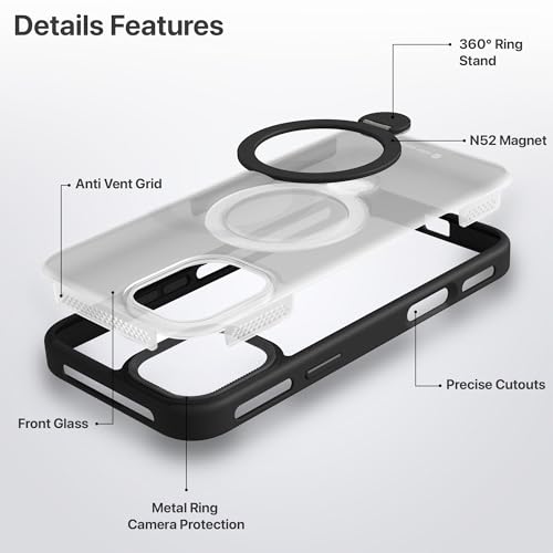 Image of eller sante Maximus Back Cover Case for iPhone 16 Plus with Magnetic Alloy Ring Metal Kickstand Camera Protector TPU Shockproof 10ft Drop Protection Compatible with Mag-Safe- Black