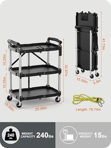 Foldable Utility Cart with Wheels, 3-Tier Holds 240lbs - No Assembly Required (for Home, Office, Garage, Warehouse)
