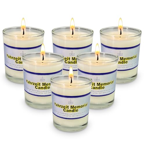 24 Hour Glass Yahrzeit Memorial Candles (6 Pack) 1 Day Burn Time Ner Neshama in Glass Tumbler for Yizkor & Yom Kippur Holidays