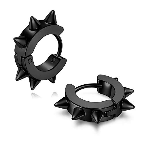 Jovivi Bundle - 3 Pairs Men Women Jewelry Stainless Steel Huggie Hoop Spike Punk Earring + 2Pairs 16G Stainless Steel Fake Lip Ear Nose Stud Ring Clip On Cartilage Non Piercing Rings Hoop Gothic #TOP2