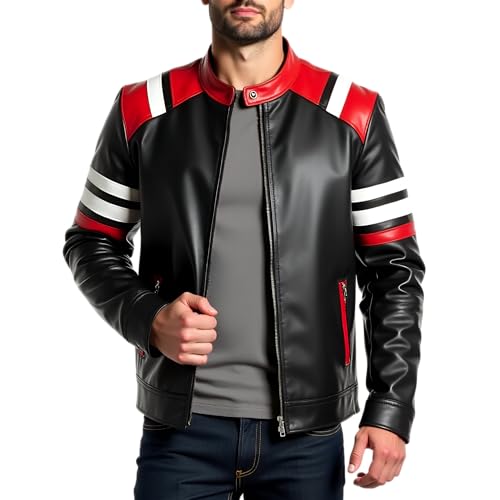 Chaqueta de Cuero Negra para Hombre con Rayas Rojas y Blancas miniatura 1