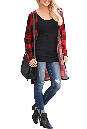 Lacozy Women's Open Front Long Knit Cardigan Draped Snap Buffalo Plaid Shirt Kimono Cardigan Sweater Red X_Large 16/18 #TOP3
