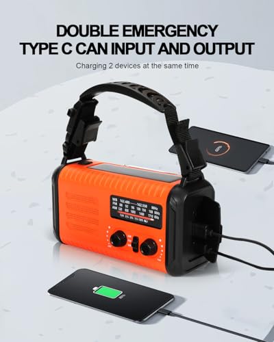 Emergency Crank Radio, 20000mAh / 74000mWh Solar Hand Crank Weather Radio with NOAA/AM/FM, Battery Powered Radio with Cell Phone Charger, Reading Lamp, Flashlight & SOS for Emergencies/Home (Orange) - Thumbnail 3