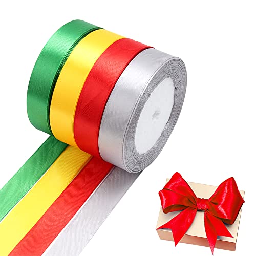 Keboyoe 4 Rouleaux Ruban Satin Ruban Cadeau de Noël Rouge Vert Jaune Argent Double Côté Polyester Ruban de Soie,20mm*22m,Noeud Ruban Cadeau Pour Emballage Cadeau Bricolage Mariage (4 couleurs) Cover