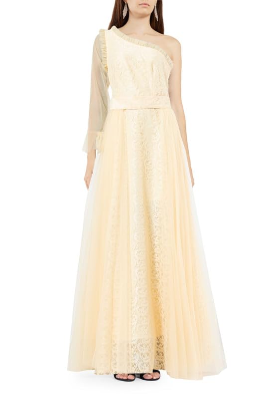 AmriWomen's One Shoulder Lace Long Dress with Symmetrical Tulle Flare