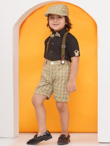 Image of AJ DEZINES Kids Clothing Cotton Blend Checkered Printed Shirt Shorts With Cap and Suspenders Set for Boys