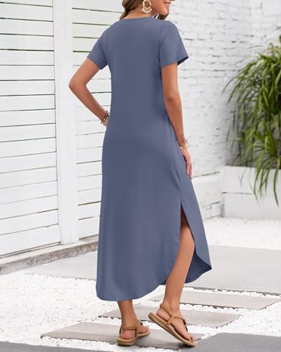 Image of MISFAY Women's Summer Maxi Dress 2026 Casual Short Sleeves V Neck Loose Sundress Split Long Beach T Shirt Dress