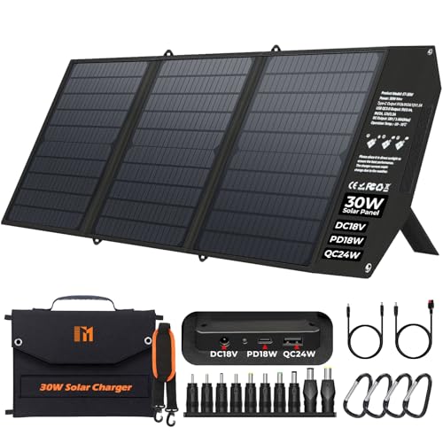 30W Solarpanel Faltbar, 3-Port DC(18V)/USB(QC3.0)/PD(18W) Wasserdichtes Tragbares Solar Ladegerät für Handy, Solarpanel USB mit Verstellbarem Ständer für iPhone Smartphone Tablets GoPro/Kamera usw