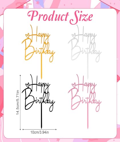 Image of 4Pcs Happy Birthday Cake Topper, Gold Pink Silver Black Cake Toppers for Cake Decoration, Elegant Cake Stand for Birthday, Cafe Display