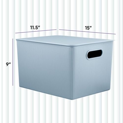 Image of Superio Ribbed Collection - Decorative Plastic Basket Open Home Storage Bins Organizer, Blue Containers for Organizing Closet Storage Bins for Shelves (Bin with Lid- Extra Large (22 Liter), 2 Pack)