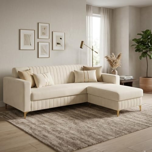 Image of CASASTYLE Noviq 4 Seater L Shape Sofa Set with Movable Ottoman | Flexible Left or Right Layout | Cozy Velvet Fabric | Soft Touch Seating | Modern Designer Sofa for Living Room (Cream)