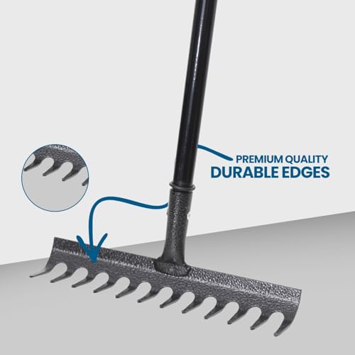 FLORVO Heavy Duty Garden Rake, 12 Tine Carbon Steel Head, Black Finish, Long Handle - Image 2