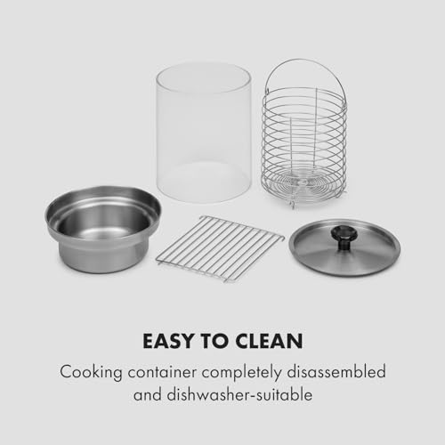 Foto von Klarstein Wurstfabrik Pro 600 Hot Dog Maker, 600 Watt, 3 Heizspieße, Temperaturregler 30-100 °C, Glaszylinder: Ø 20 cm, Edelstahlkäfig: Ø 17 cm, Edelstahlgehäuse, Profi Würstchenkocher, silber