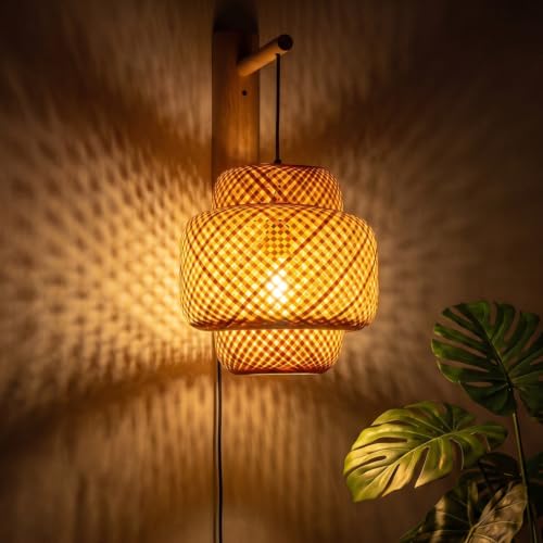 Image of Farmhouse Rattan Plug in Wall Sconce for Bedroom, Bamboo Hanging Wall Lamp
