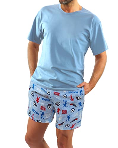 sesto senso Schlafanzug Herren Kurz Fussball Sommerpyjamas Baumwolle Soccer Pyjama Kurzarm Kurze Hose Zweiteilig Set Fußball Sport hellblau Cyan XL 2242/09
