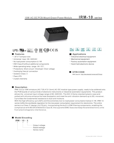 Module d'alimentation CA-CC 10 W régulé IRM-10-12 transformateur compact 12V - 4