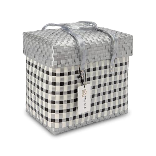 Image of Arnavira Handmade Multipurpose Basket with Lid 4L Used as Mini Basket For Organiser, Makeup Items Storage,Kids Tiffin Basket (X-Small) (18x12x19 cm) (Silver White, X Small)