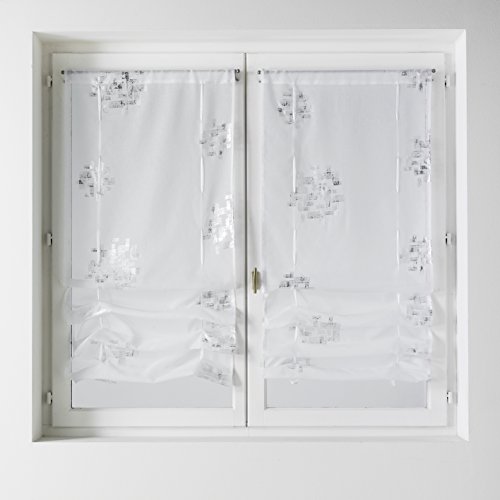 Home Maison - Paire de Petits Voilages à Remonter en Étamine Imprimée - Polyester - Motifs Imprimés - Prêt-à-Poser avec Ourlet Passe Tringle - Adapté...
