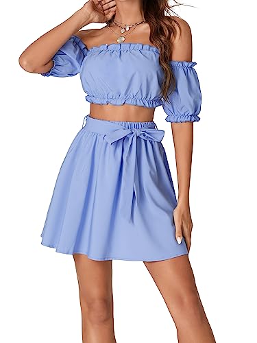 LYANER Women's 2 Piece Outfits Off Shoulder Strapless Ruched Puff Sleeve Crop Top and Mini Skirt Set4