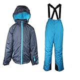  Pocopiano Mädchen Skianzug 2 Teilig Skihose+Skijacke Schneheanzug Schneehose + Schneejacke Grau/Blau 140