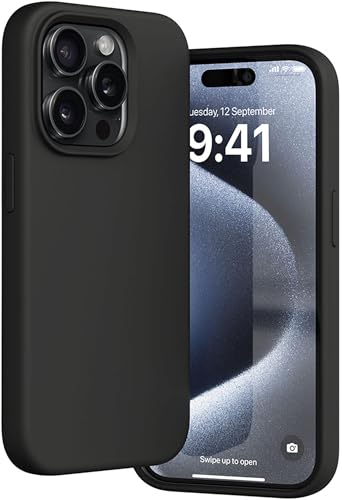 Image of eller sante Silicone Back Cover Case for iPhone 15 Pro Shockproof Scratch Resistant Slim Fit Protective Design Military-Grade Protection Support Mag-Safe Wireless Magnetic Charging- Black