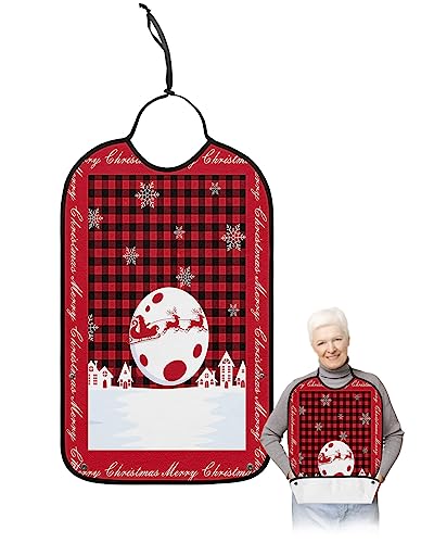 LEOKOTI Christmas Snowflake Adult Bibs for Eating, Waterproof Bibs with Food Catcher & Adjustable Snap Closure, Red Black Plaid Santa Elk Washable Clothing Protectors Adult Bibs for Elderly Women/Men