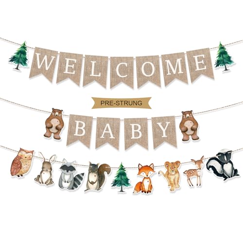 Pre-Strung 6ft Burlap Welcome Baby Banner for Woodland Baby Showe...