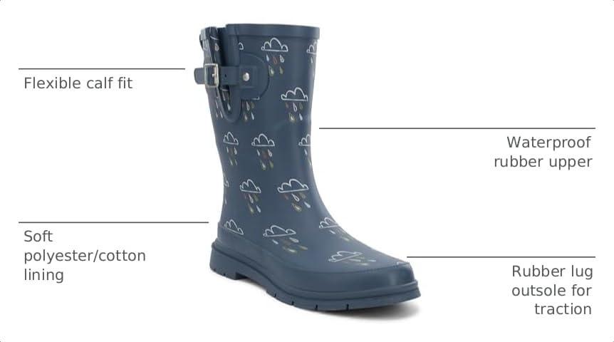 Image of Western Chief Women's Waterproof Mid Rain Boots | Ladies pull on mid rain boots with adjustable buckle, cushioned insole, and rubber outsole for wet weather and outdoor wear.