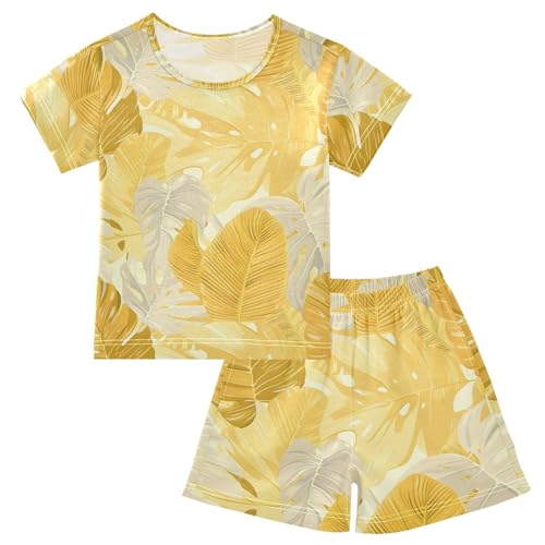 ALAZA Yellow Gold Palm Leaves Pajamas Short Sleeve 2 Piece Sleepwear Top and Bottom Pajama Set Unisex