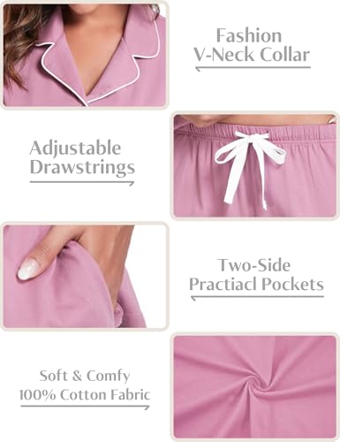 Image of COLORFULLEAF Women's 100% Cotton Pajamas Set Button Down Sleepwear Short Sleeve Shirt and Long Pants Soft Ladies Lounge Sets