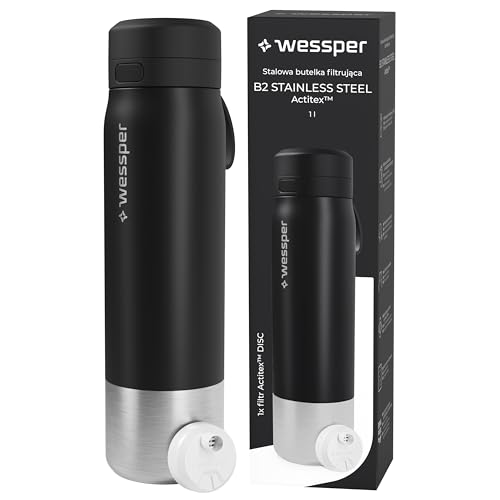 Wessper Gourde Filtrante, Bouteille d'eau en Acier Inoxydable avec Filtre Actitex Disc, 1 l, Filtre a Eau à Charbon, Réduit le Chlore, BPA FREE -Noir