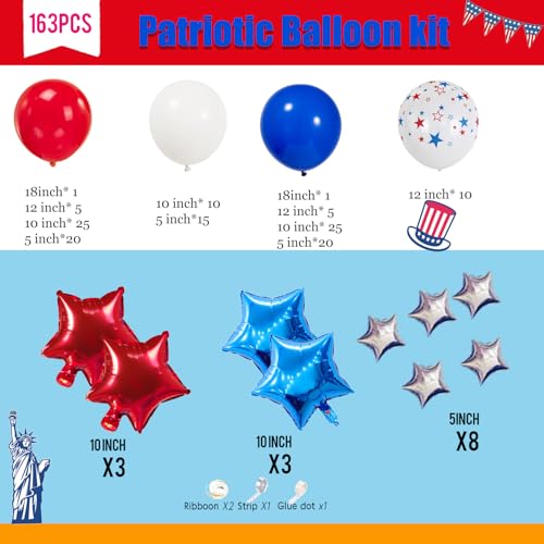 Image of 4th of July Balloons Set 164Pcs Red White Blue Balloons for Independence Day Veterans Memorial Day Patriotic Flag Theme Party Decorations