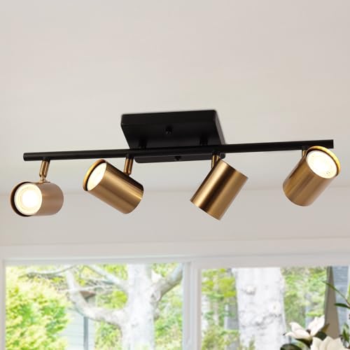 GEPOW 4 Light Complete Track Lighting Kit, Black Gold LED Ceiling Spotlight Fixture, Mid-Century Modern Kitchen Track Lights with Adjustable Heads
