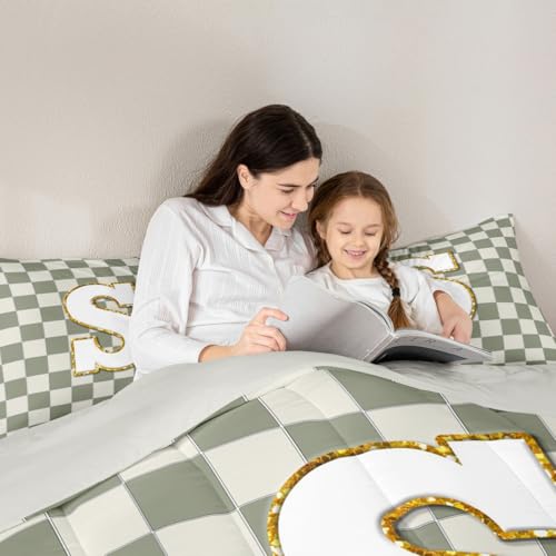 Image of Erosebridal Sage Green Checkered Comforter Set Queen Plaid Initial S Bedding Set Personalized Monogram Comforter for Kids Adults,Fashion Grids Gingham Quilt Duvet
