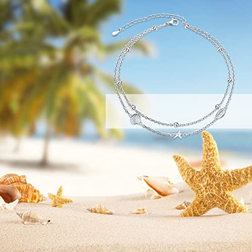 Image of Flyow Anklet for Women S925 Sterling Silver Adjustable Foot Beaded Heart Charm Ankle Bracelet Anklets Jewelry