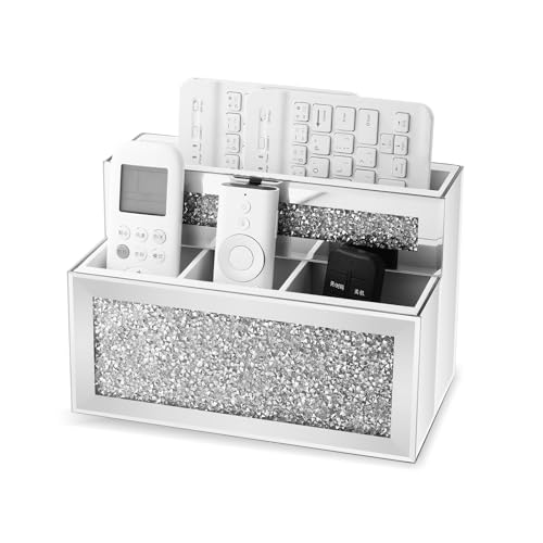 SWTHONY Mirrored Remote Control Holder, Crushed Diamond TV Remote Holder Wall Mount, Desk Organizers and Accessories for Phone, Pad, Pen and Pencil, Remote Caddy