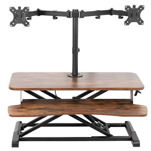 Image of VIVO Height Adjustable 32 inch Standing Desk Converter with Dual 13 to 30 inch Monitor Stand, Sit Stand Monitor Mount and Desk Riser, Vintage Brown Top, Black Frame, DESK-V000KN-M2