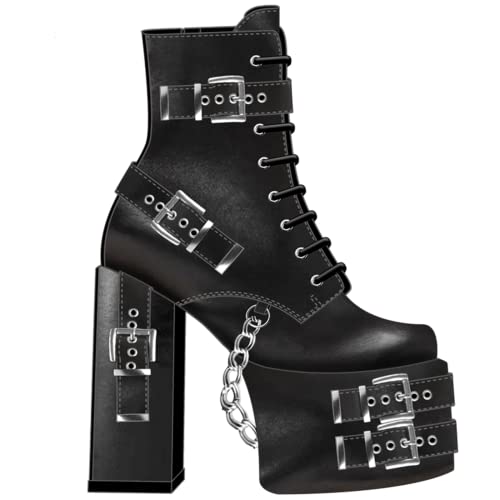 DETOGNI Women's Gothic Silver Eyelets Buckles Straps Block High Heel Lace Up Booties Punk Hanging Chain Zipper Sexy Chunky Platform Ankle Boots