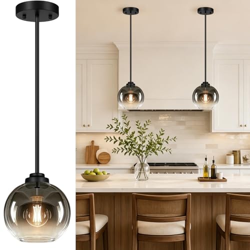 Image of MQMQA 2 Pack Globe Pendant Lights, Mid Century Pendant Light Fixtures, Globe Pendant Lights Kitchen Island with Gray Glass Shade Adjustable Hanging Fixture for Dining Room (Bulbs not Included)