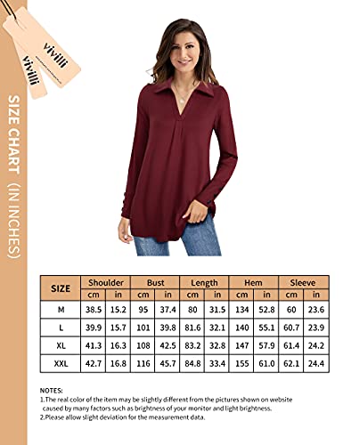 Vivilli V Neck Long Tunics For Women, Ladies Tunic Tops Long Sleeve Winter Cotton Maternity Tops For Work Dressy Tops Office Blouses Elegant Loose High Low Fall For Leggings Dark Red Xl #TOP5