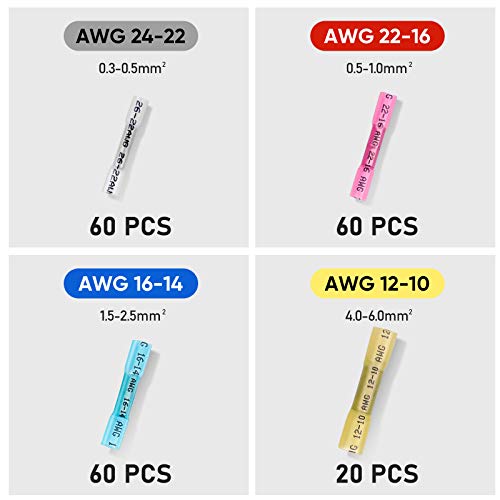 Ticonn 200 Pcs Heat Shrink Butt Connectors Kit, Awg 24 – 10 4 Sizes Butt Splice, Insulated Waterproof Electrical Marine Automotive Wire Crimp Terminals #TOP5