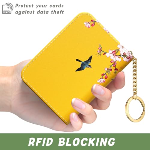 Image of Aiawoxc Credit Card Holder, Small RFID Wallet Slim Leather Card Organizer Case with Zipper and Keychain, Beauty Flowers