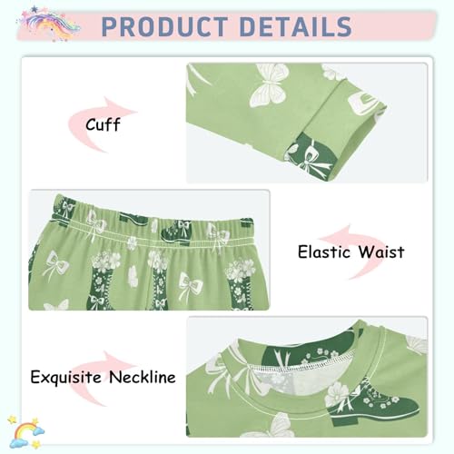 Pajama Sets Long Sleeve Green Boots Bow Flowers Soft Comfy Sleepwear 2 Piece PJS 3-8T4