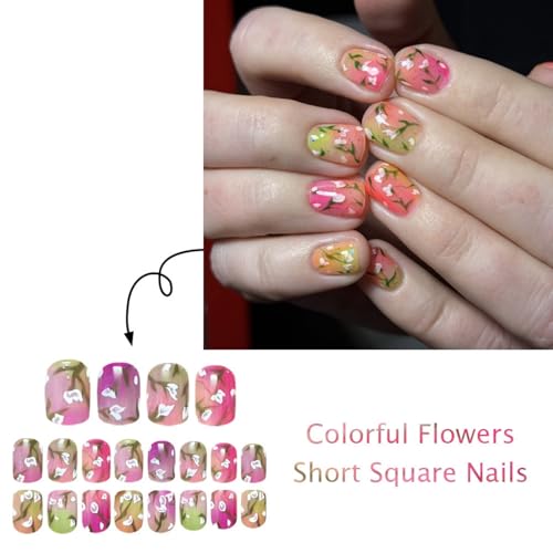 Image of Ombre Floral Press on Nails Short Square Fake Nails Gradient Pink Yellow with Green Branch Design Glossy Full Cover Stick on False Nail for Women Daily Manicure 24Pcs