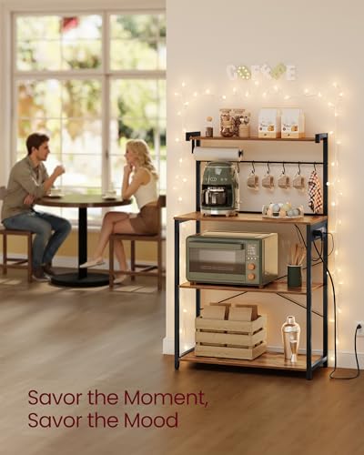 Image of VASAGLE BARNET Collection - Kitchen Bakers Rack with Power Outlet, 31.5-Inch Wide Coffee Bar 4-Tier with 8 S Hooks, Modern Microwave Stand, Adjustable Shelf, Rustic Brown and Ink Black UKKS029KD01