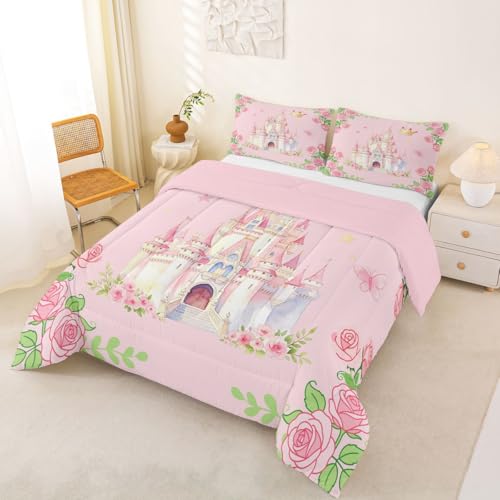 Image of Feelyou Girls Pink Castle Comforter Set King Size Blossom Flowers Pattern Bedding Set for Kids Boys Girls Kawaii Cute Princess Style Duvet Quilt Bedroom Decor Microfiber 3 Pcs with 2 Pillow Cases